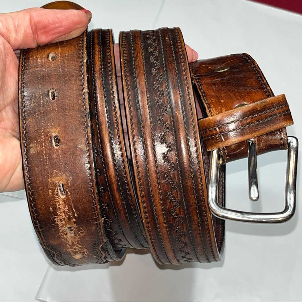 LEEGIN Vtg Men’s BIG TALL Brown Leather BELT 1.5” Wide REMOVABLE BUCKLE, 46-51” - Picture 7 of 16